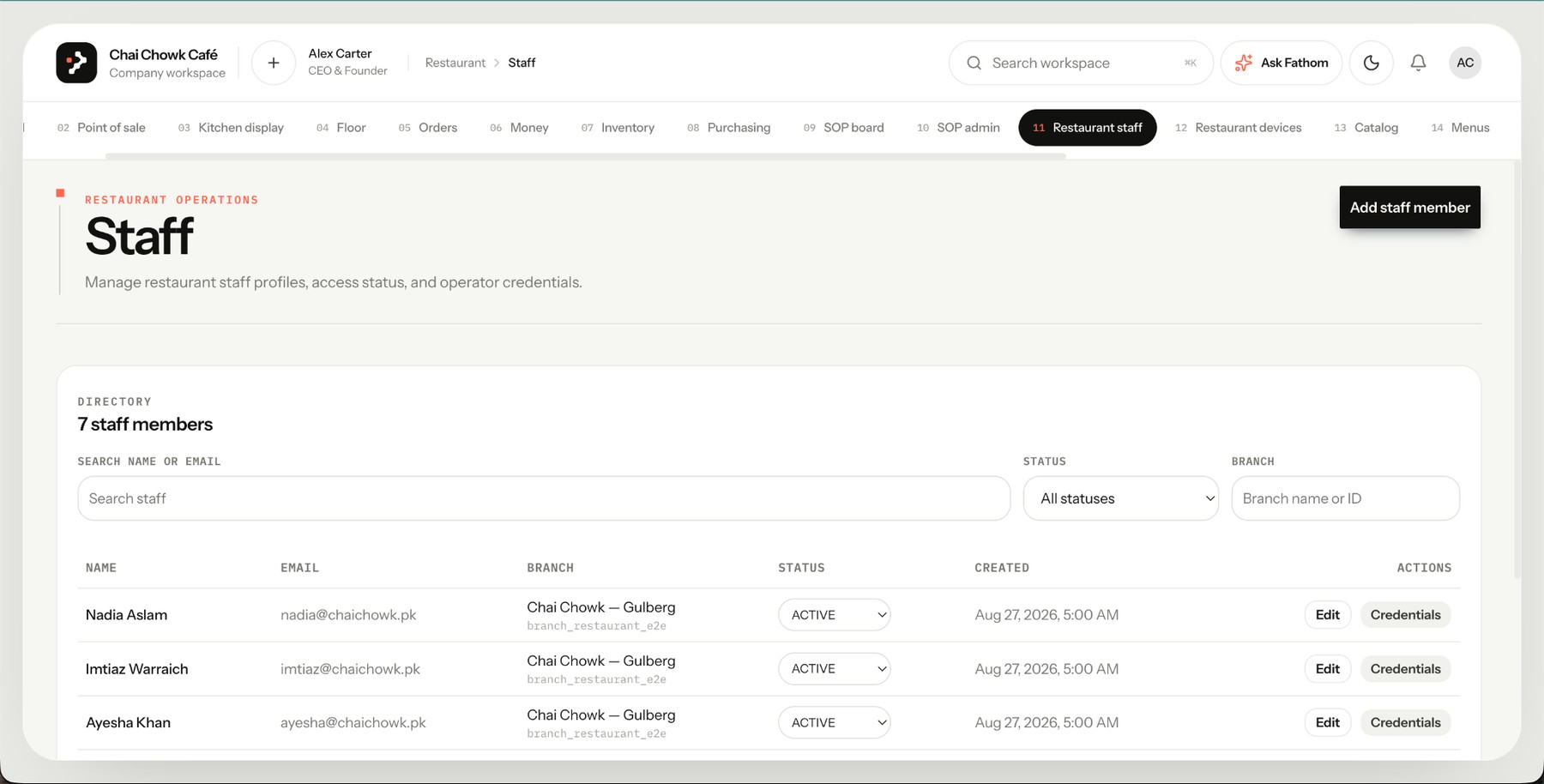DevFathom restaurant staff workspace showing navigation, filters, and staff records